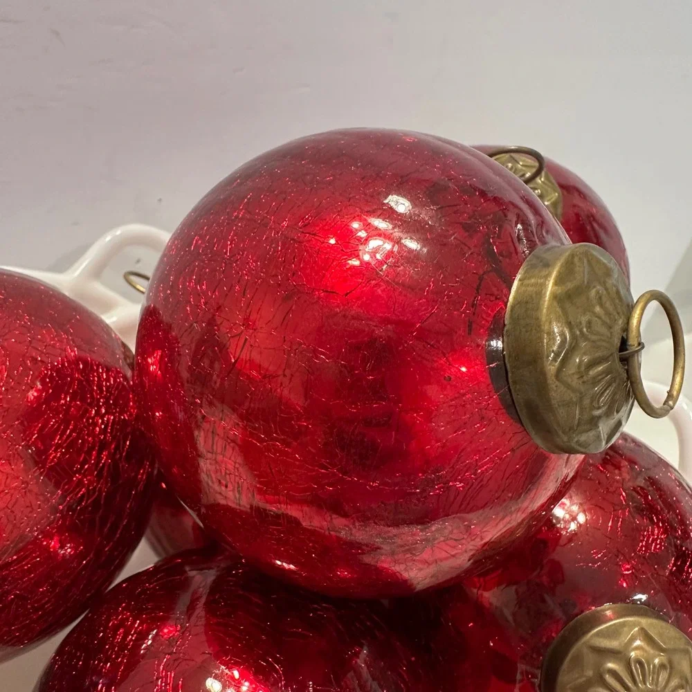 Restoration Hardware Red Crackle Glass Christmas Ornaments Set of 6 Brass Top‎